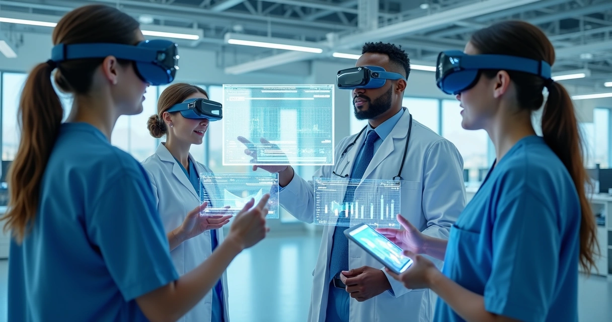 Equipe médica realizando treinamento digital com tecnologias avançadas, superposição de gráficos e dados em tela transparente 