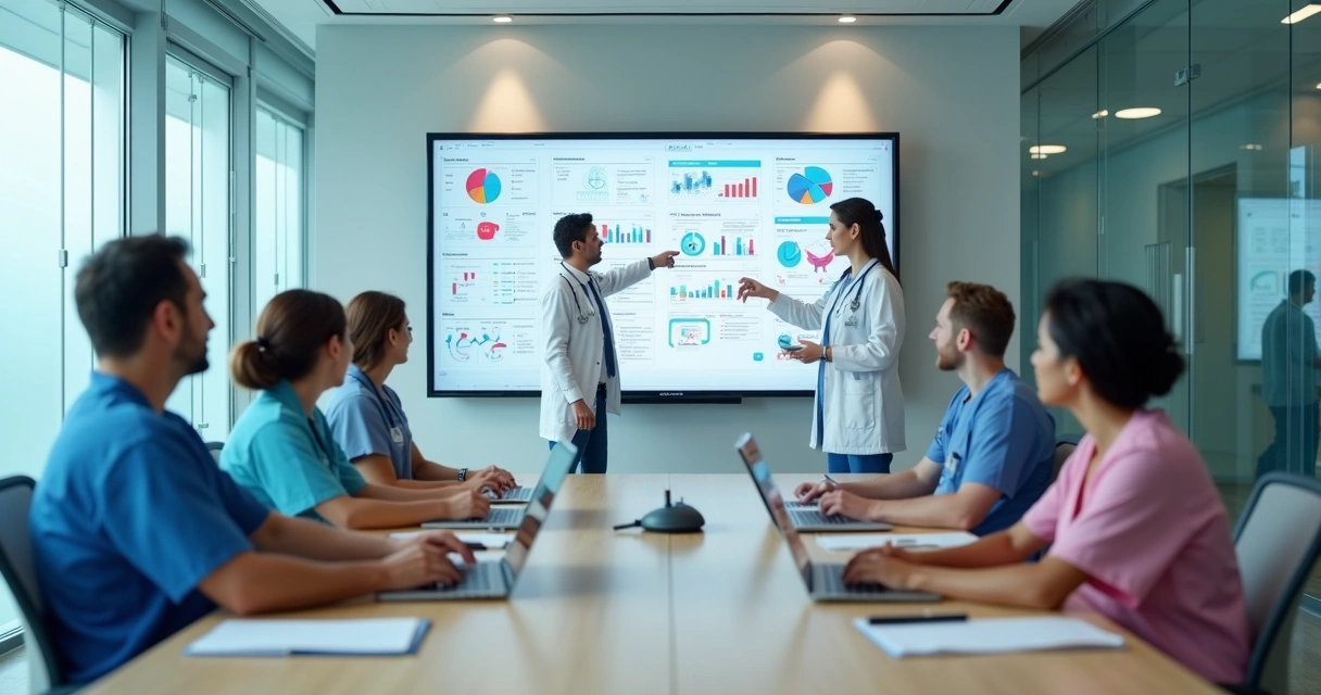 Equipe de saúde em treinamento corporativo em hospital com instrutor mostrando dados em tela digital 