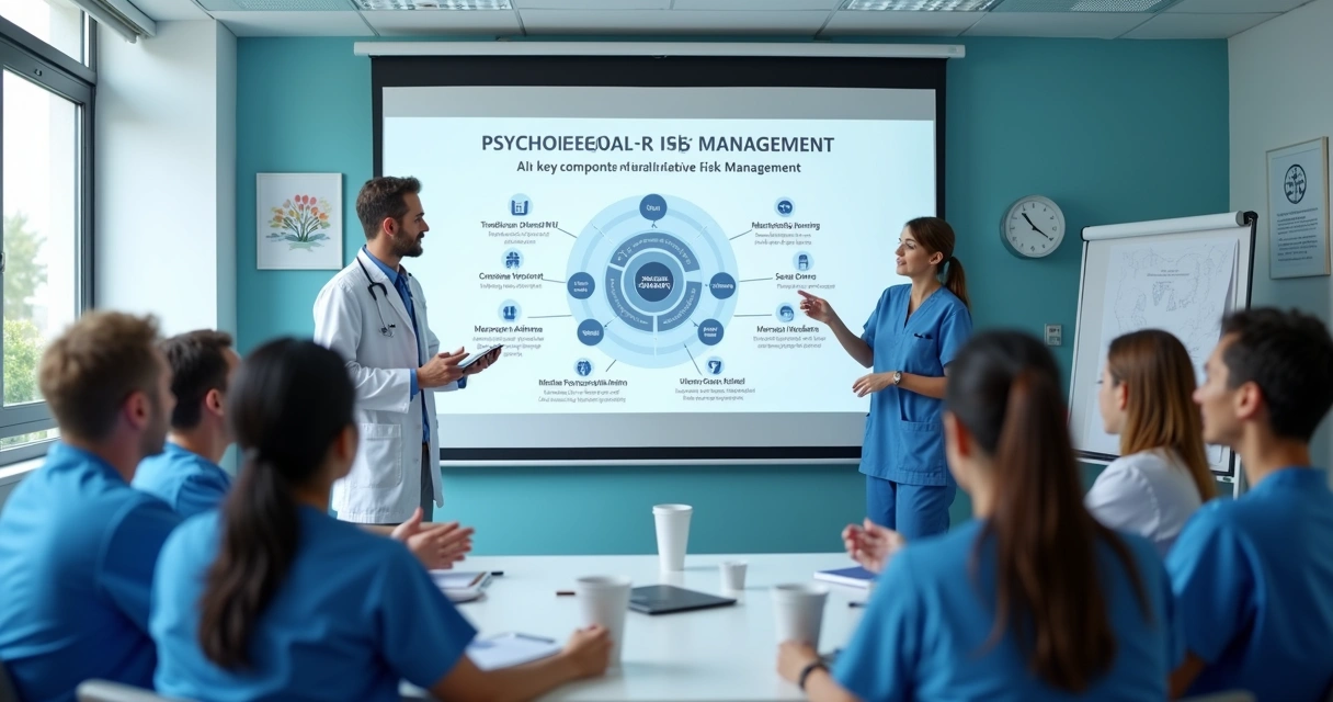 Treinamento de equipe de clínica médica discutindo saúde mental e segurança 