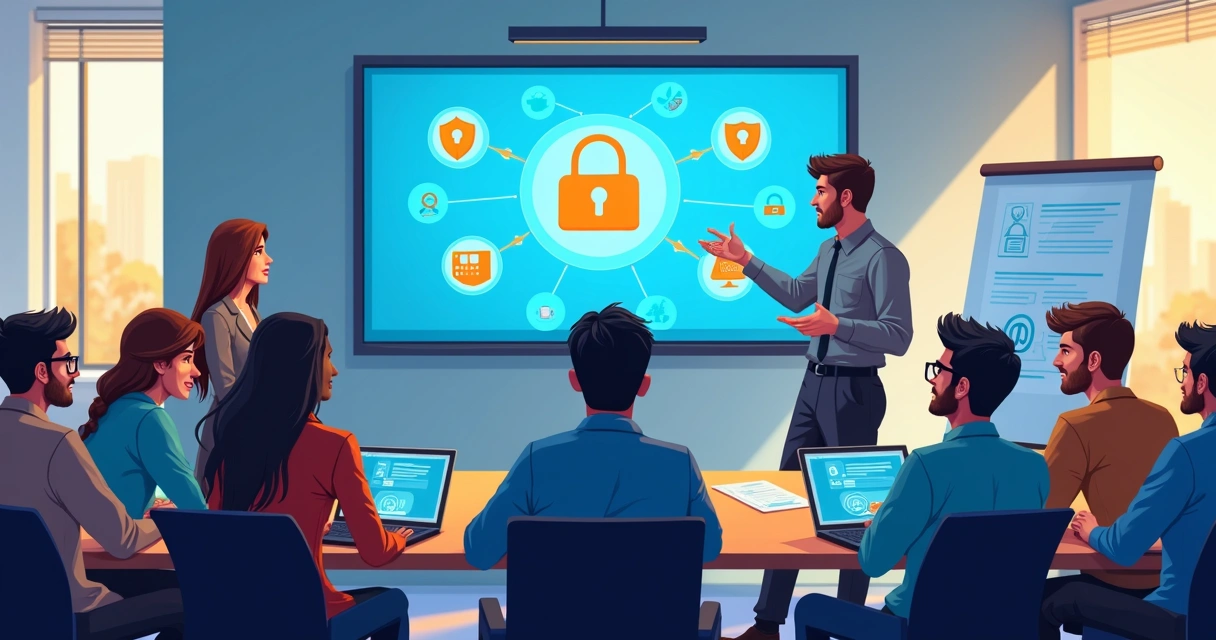 Grupo de funcionários em treinamento sobre proteção de dados 