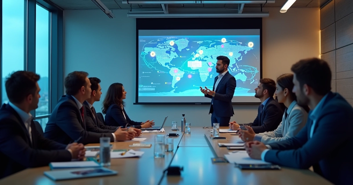 Equipe em treinamento de segurança, com instrutor apresentando slides 