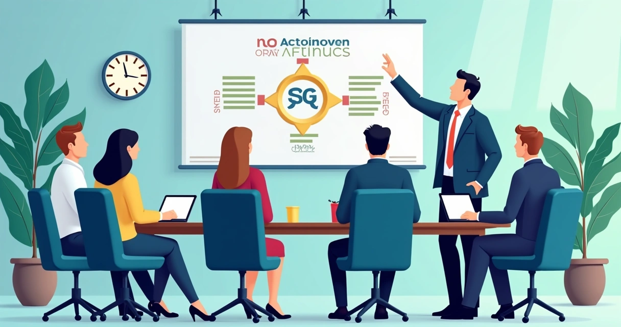Treinamento de equipe em sala de reunião analisando cartaz de SGQ