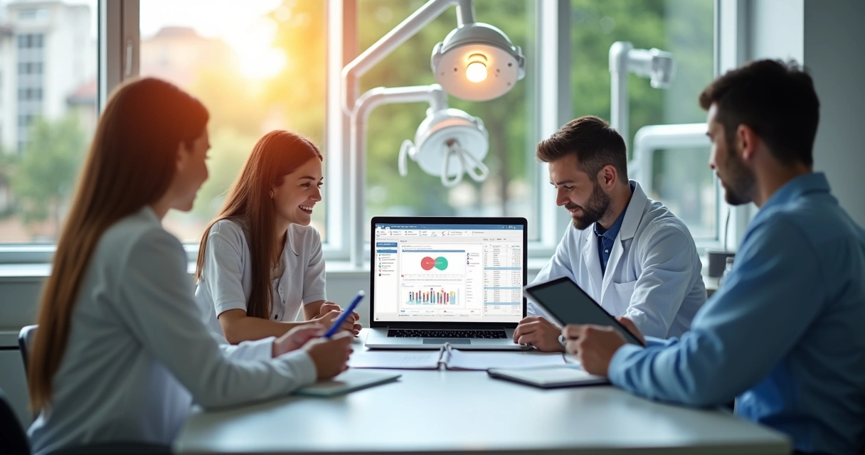 Equipe odontológica em treinamento usando sistema digital em computador, com ambiente clínico moderno e luz natural 