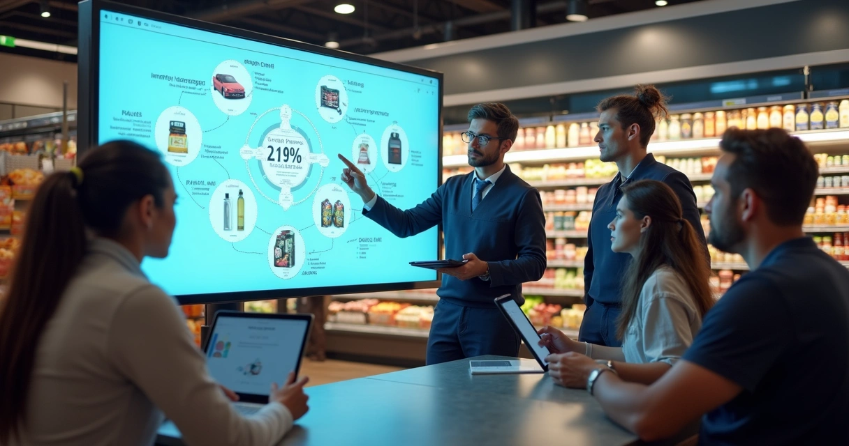Equipe de supermercado recebendo treinamento digital e colaborativo 