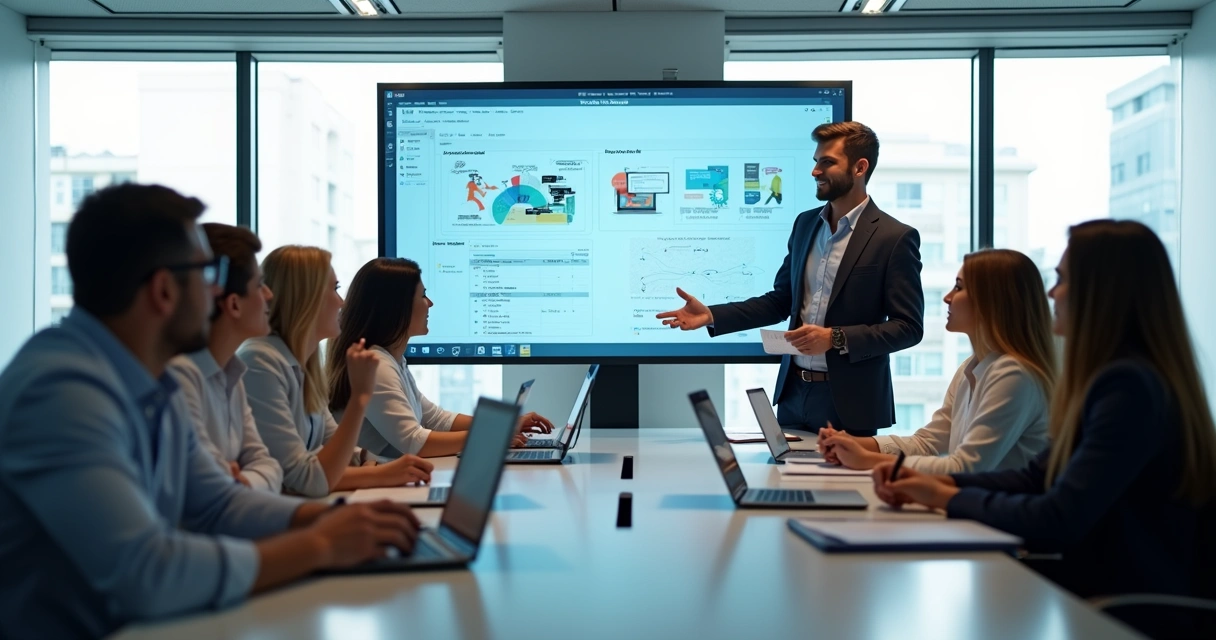 Equipe participando de treinamento de tecnologia com instrutor 
