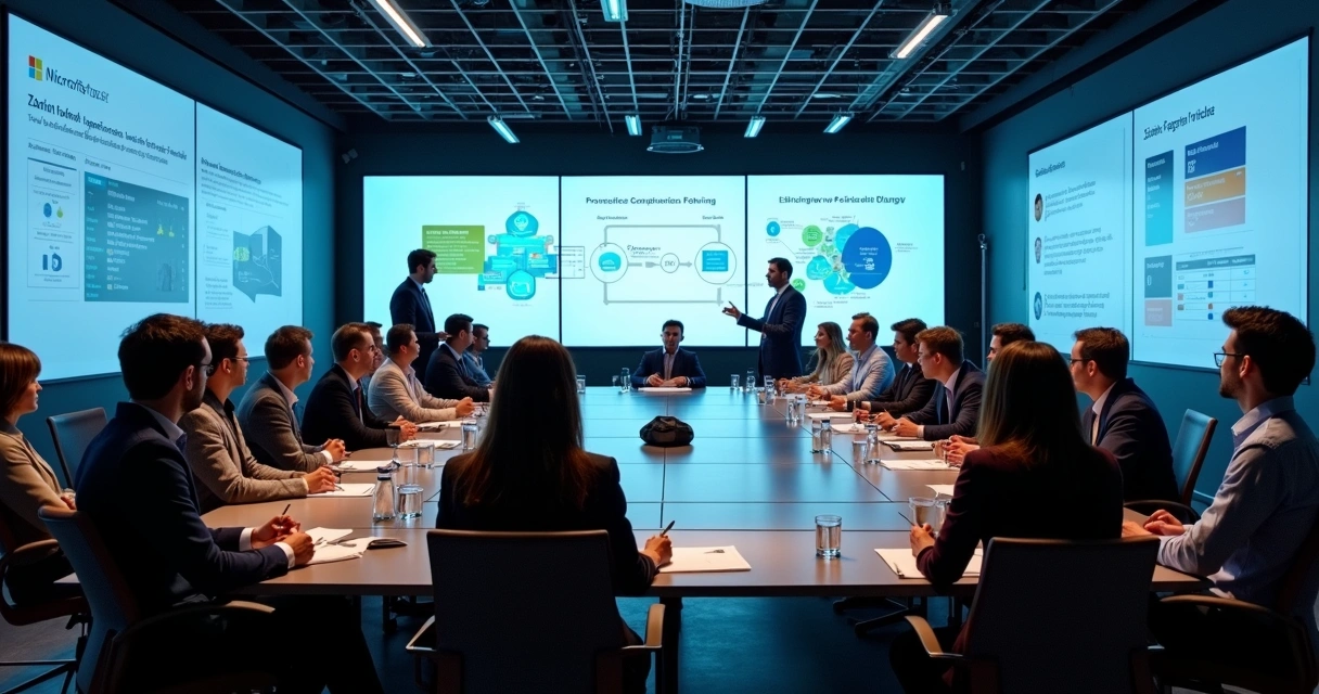 Grupos em treinamento sobre Microsoft Fabric, sala de reunião moderna 