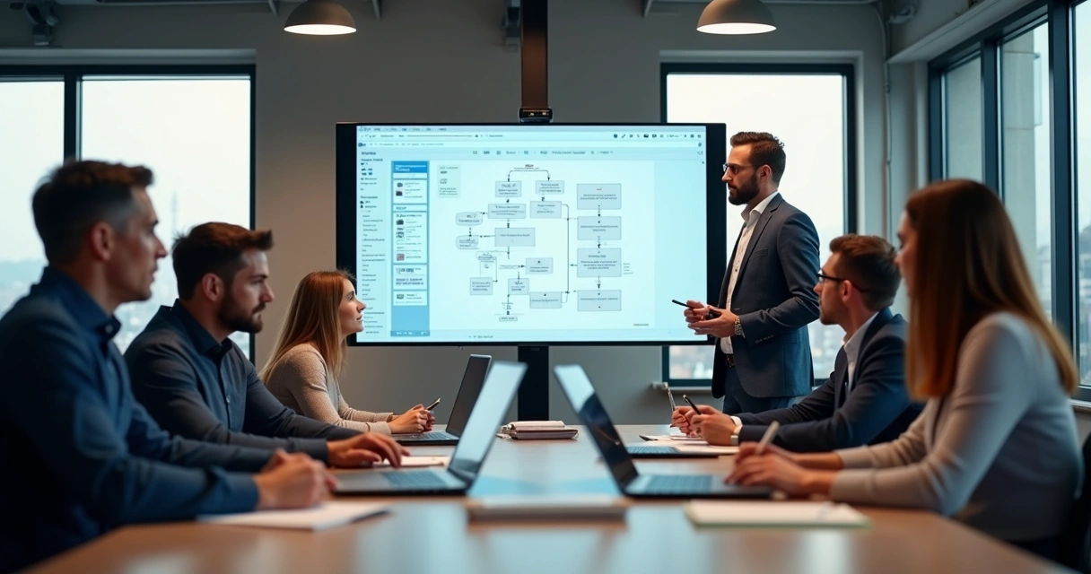 Equipe de TI reunida em treinamento com anotações e notebooks