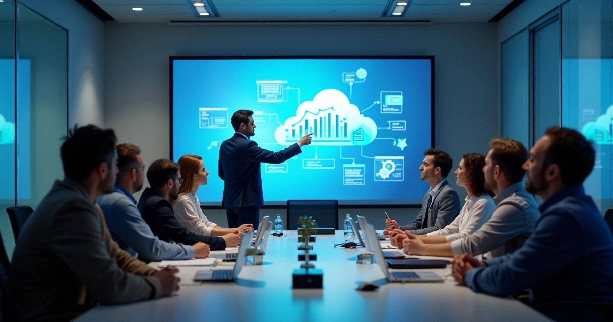 Equipe de TI recebendo treinamento sobre sistemas em nuvem em uma sala de reuniões