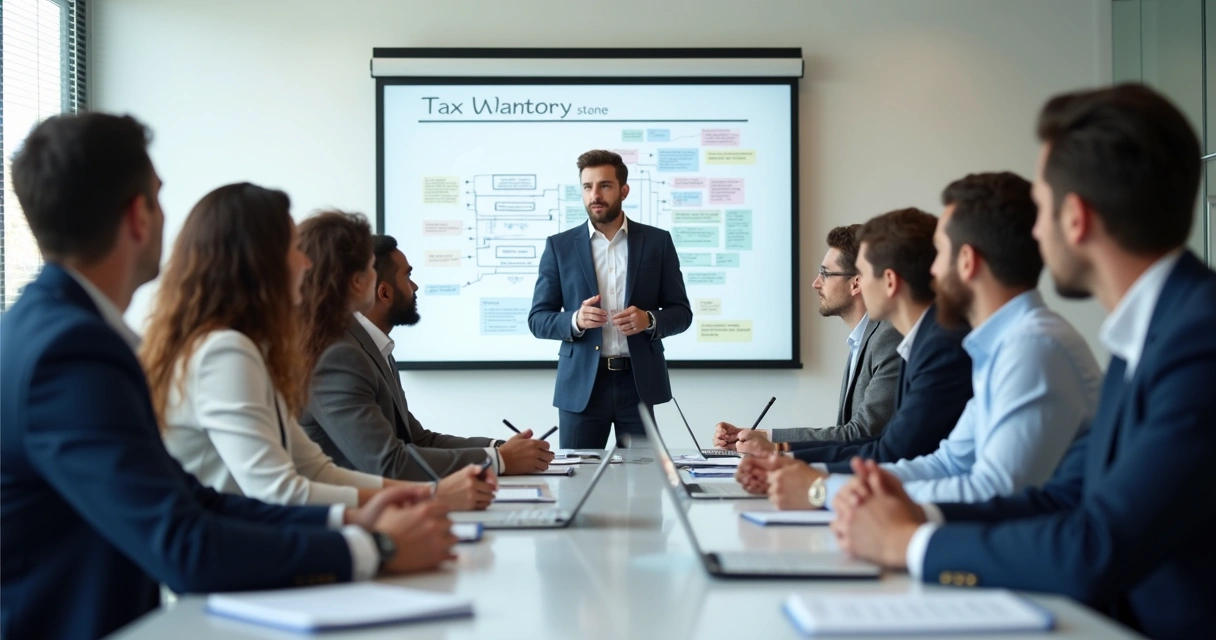 Equipe de colaboradores em treinamento tributário 