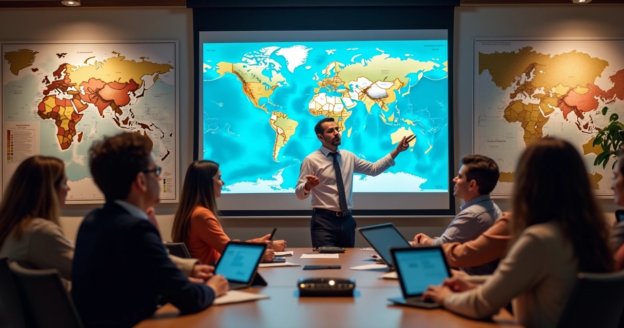 Turma de treinamento sendo instruída sobre vendas em agência de viagens 