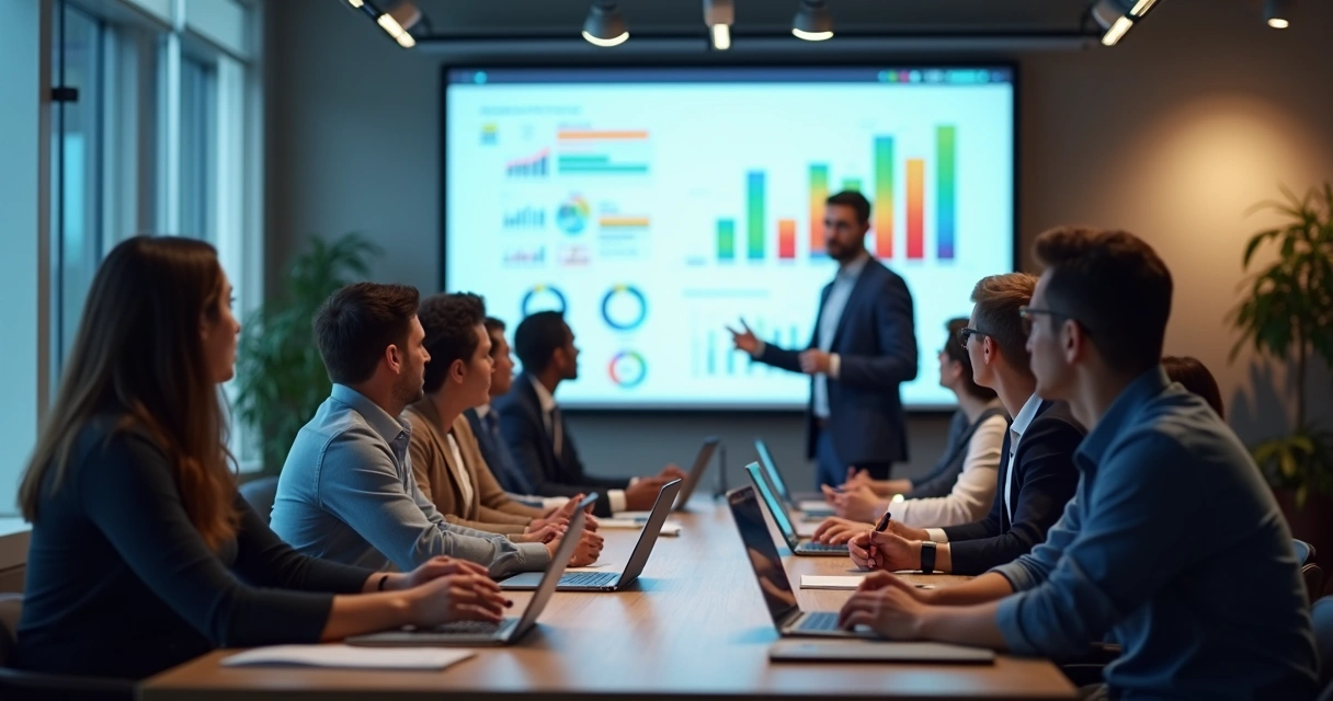 Equipe de vendas participando de dinâmica de treinamento com apresentação visual na sala 