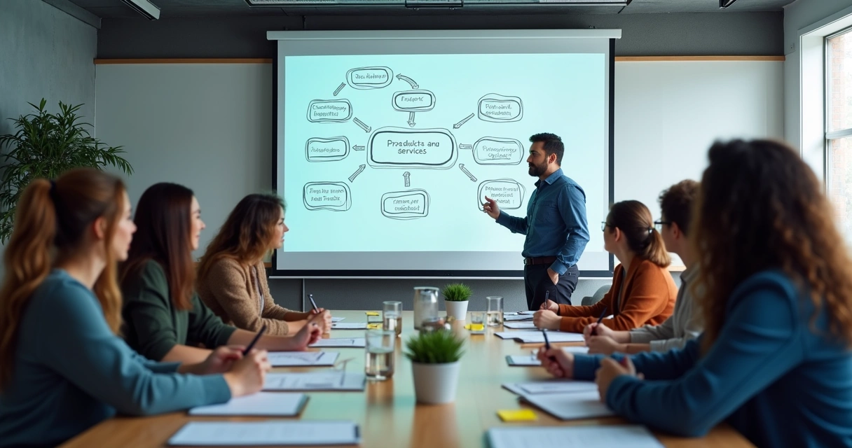 Treinamento de equipe de vendas em sala moderna 