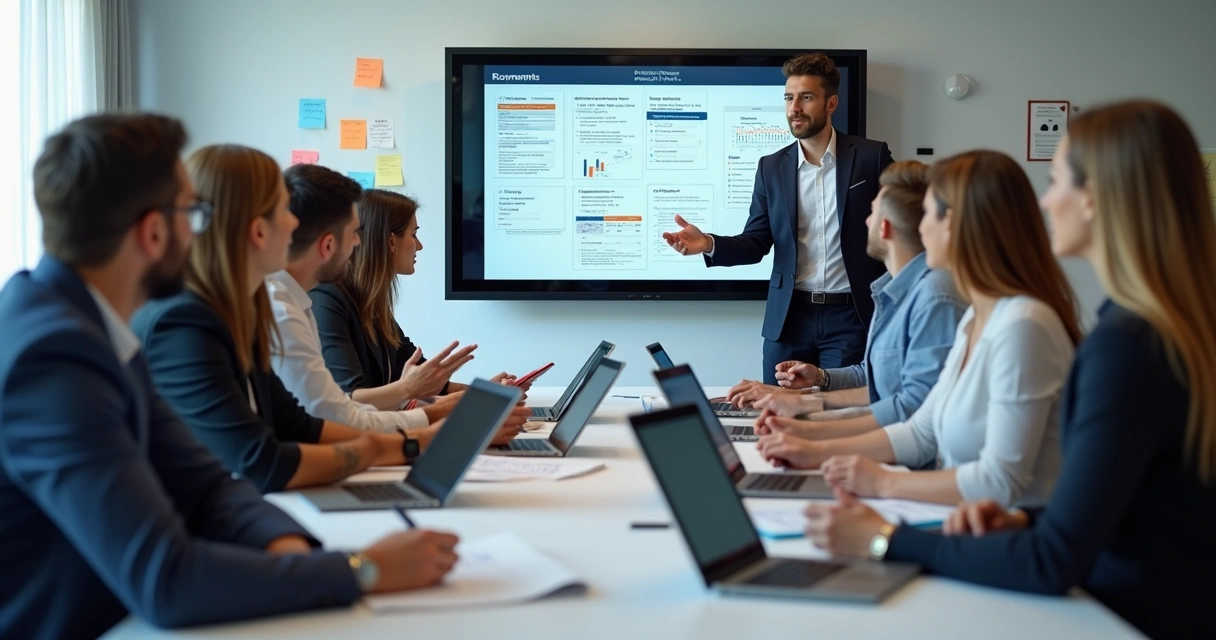 Equipe de vendas participando de treinamento no escritório. 