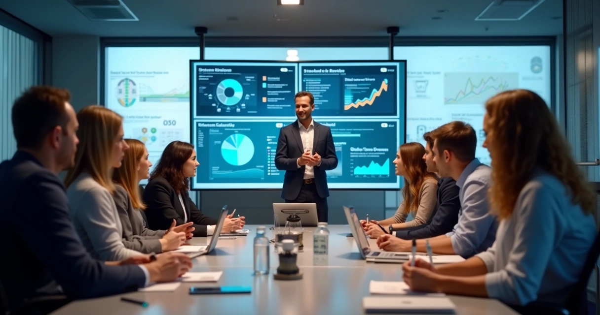 Treinamento prático de uma equipe de vendas reunida, com foco no instrutor e telas de apoio 