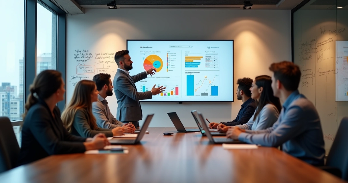 Líder treinando equipe de vendedores em sala de reunião moderna 