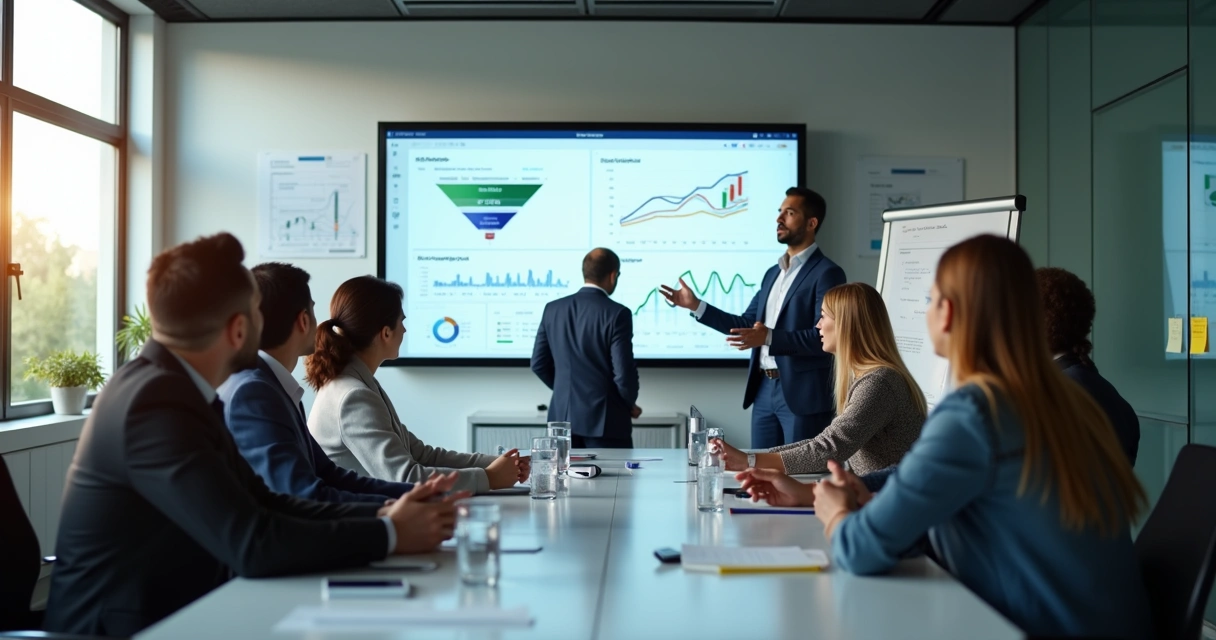 Equipe comercial em treinamento em sala moderna 