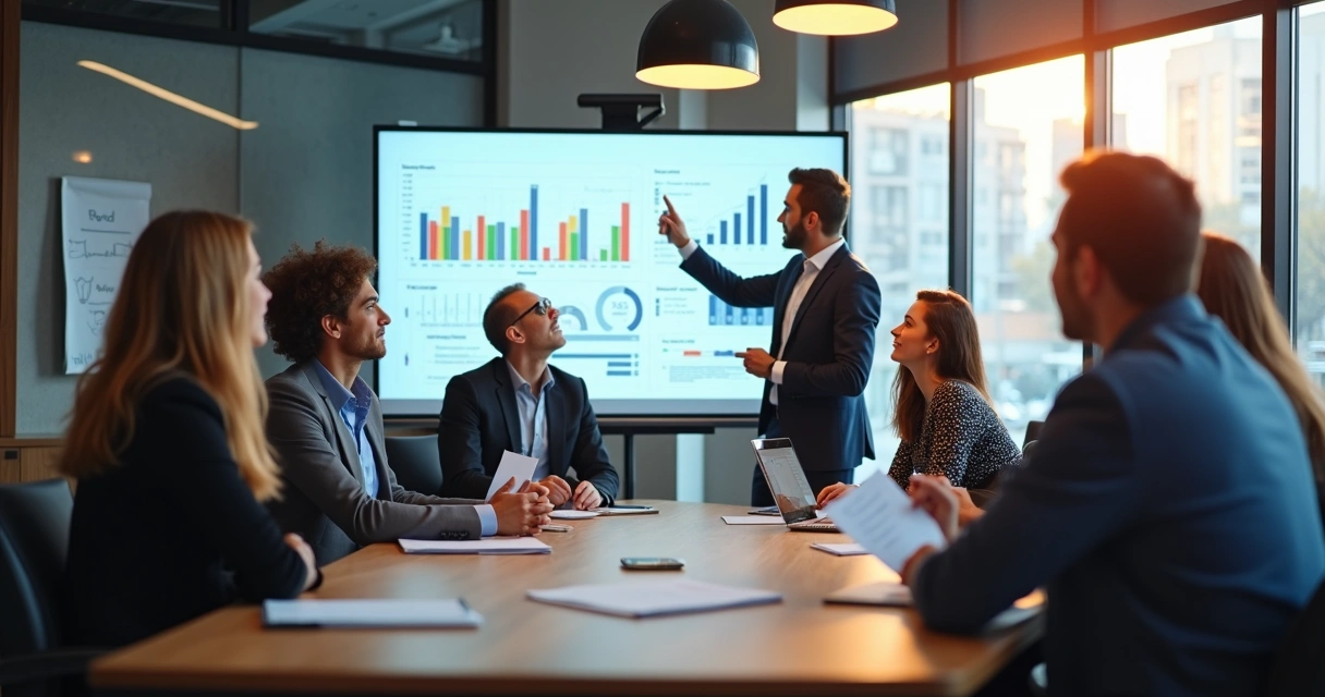 Treinamento de equipe de vendas com apresentação em tela 
