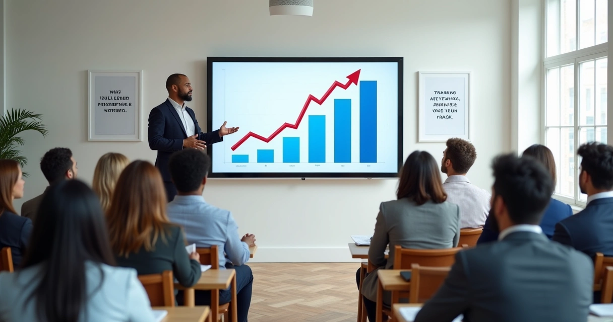 Pessoas em treinamento de vendas com instrutor apontando para gráfico em sala 