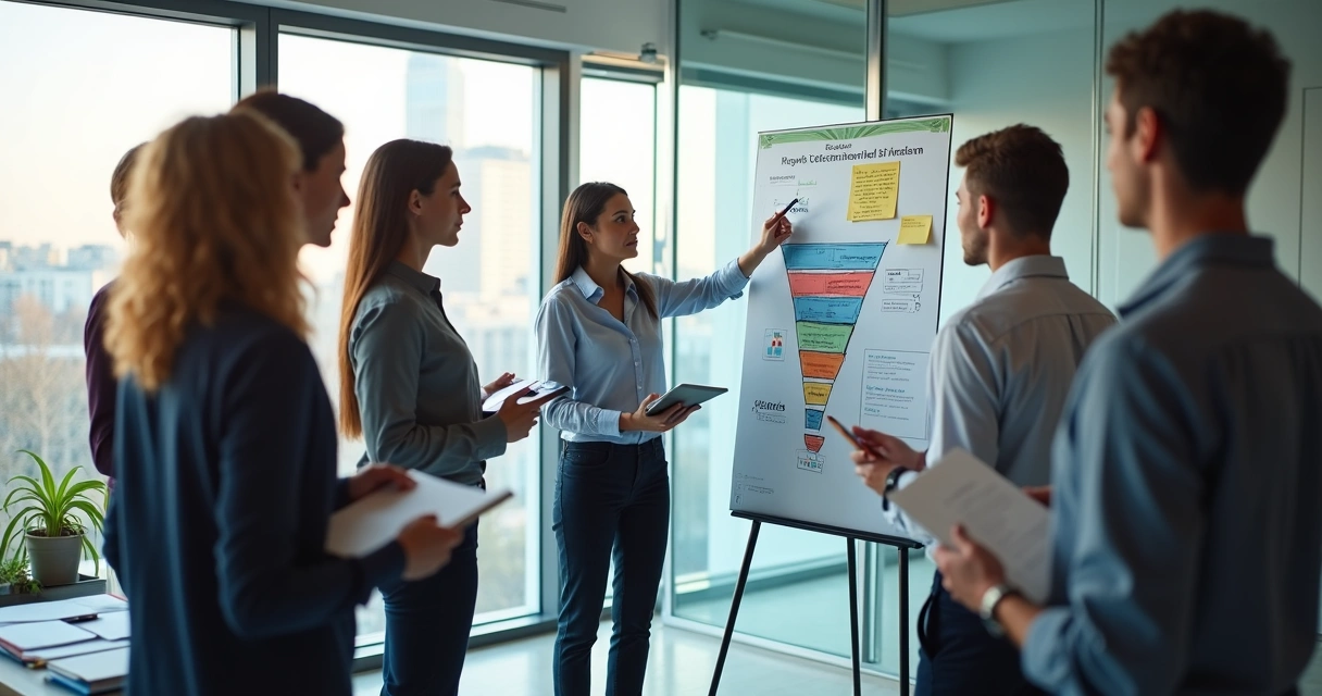 Treinamento de equipe de vendas em frente a painel estratégico colorido 