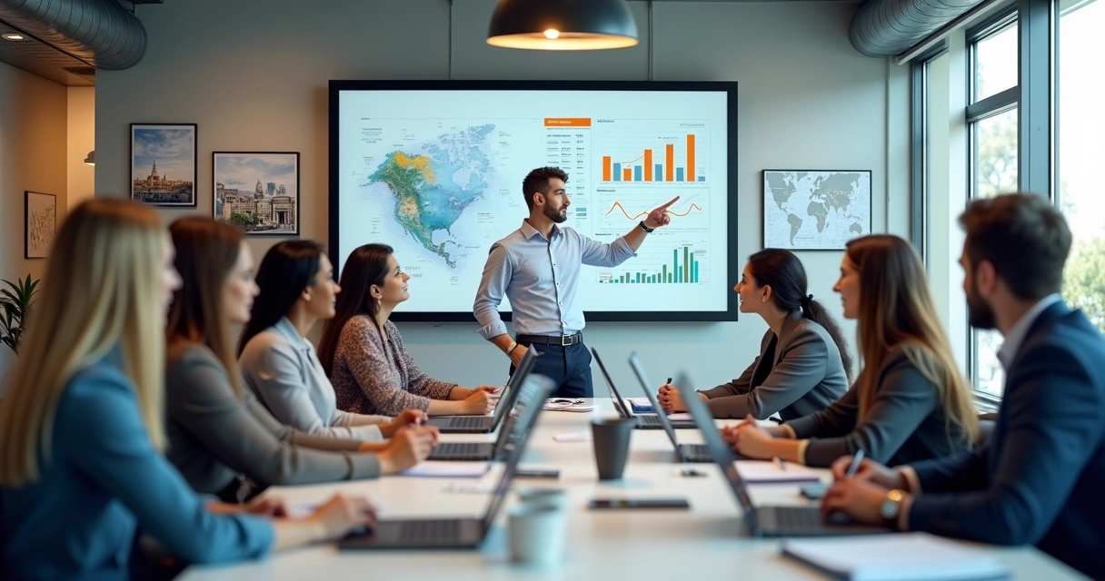 Equipe de vendas em agência de viagem em treinamento com instrutor e laptops 