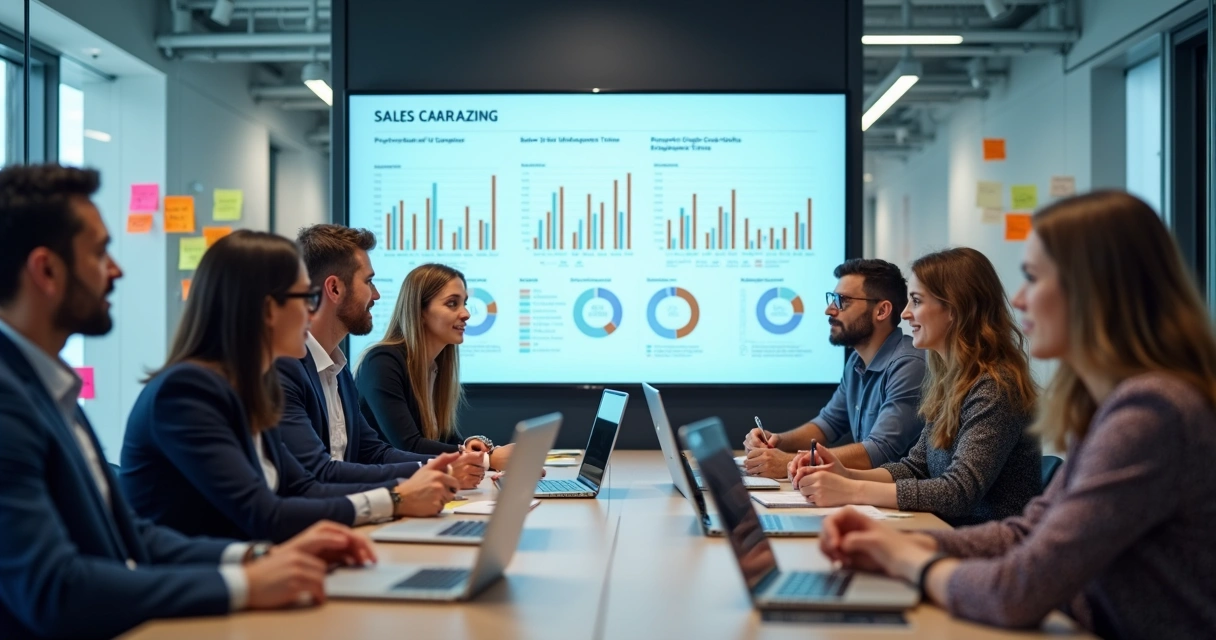 Equipe de vendas B2B em treinamento com recursos digitais 