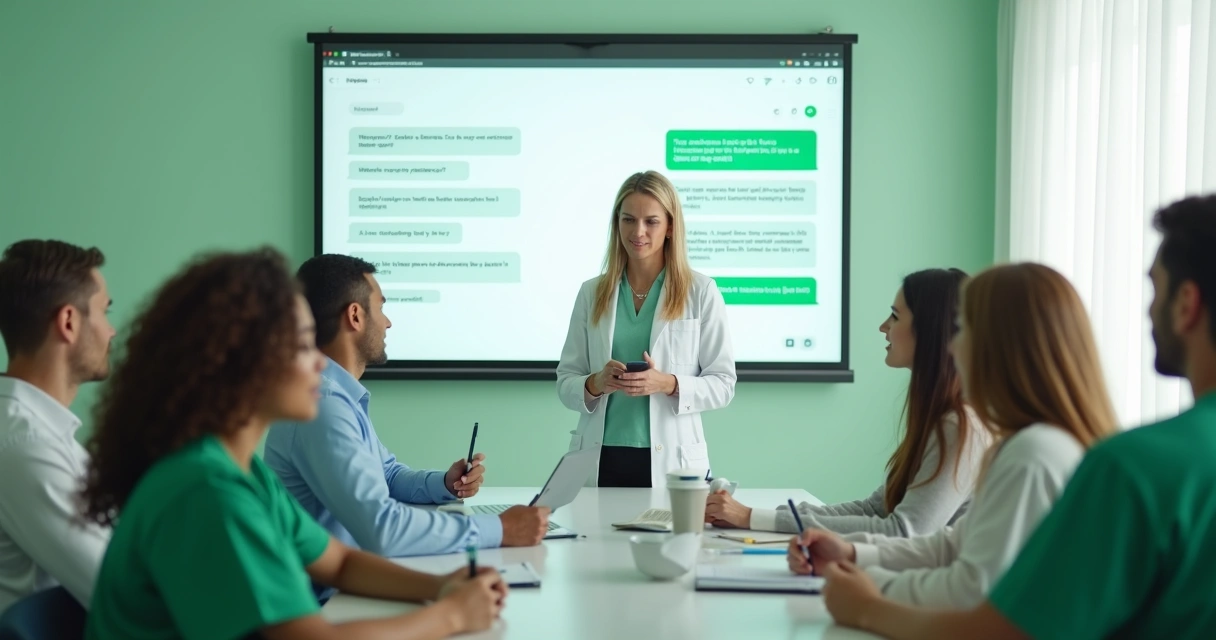 Funcionários de clínica em treinamento sobre comunicação digital 