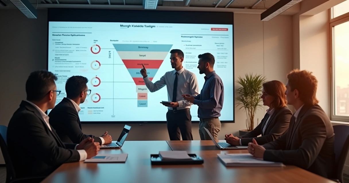 Equipe de vendas em treinamento diante de painel de dados e funil de vendas 
