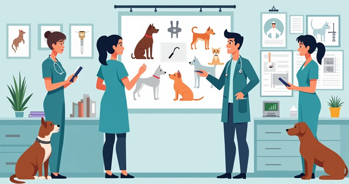 Equipe veterinária em treinamento no consultório 