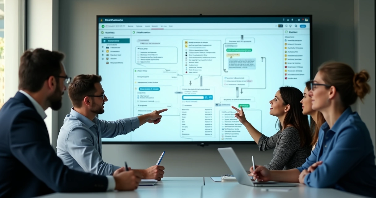 Equipe comercial em treinamento com telas mostrando integrações entre WhatsApp e CRM. 