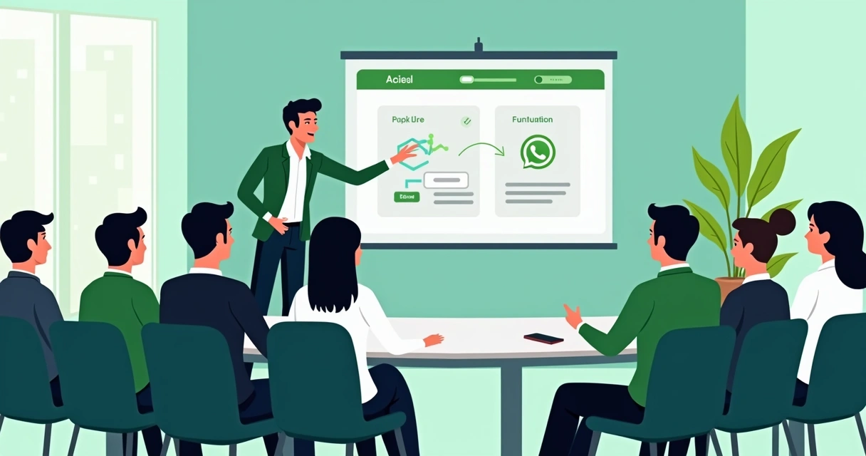 Equipe assistindo treinamento sobre automação de atendimento no WhatsApp em uma sala moderna. 