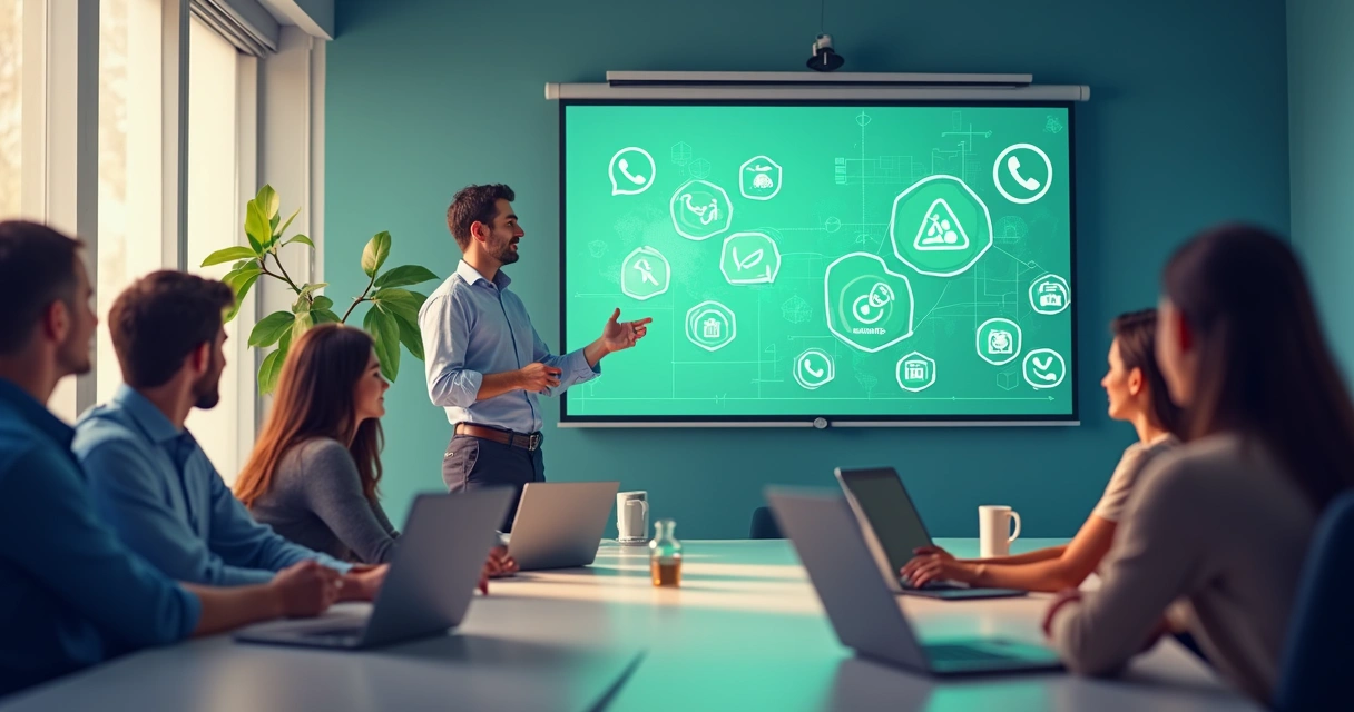 Equipe empresarial participando de treinamento sobre WhatsApp 