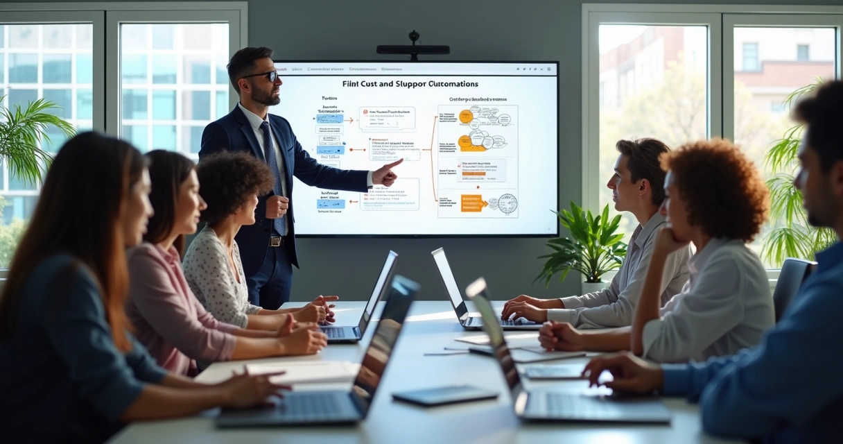 Equipe treinando atendimento online em ambiente moderno com computadores e anotações 