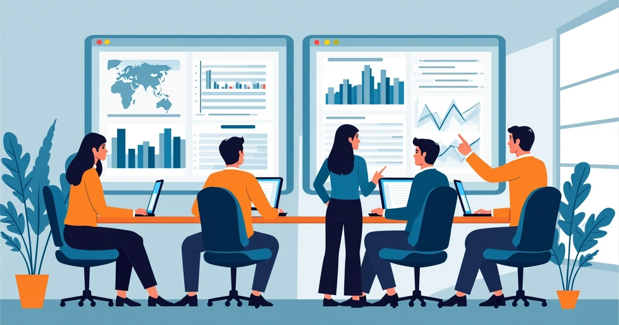 Profissionais fazendo treinamento de IA em sala corporativa