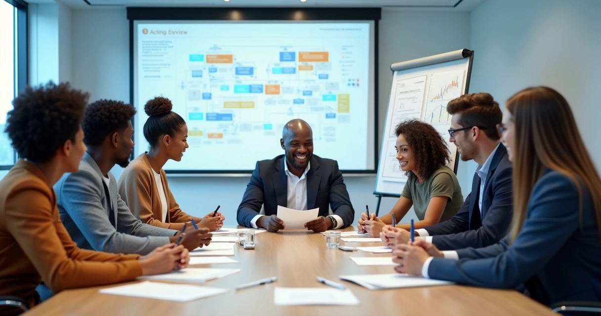Colaboradores em treinamento sobre processos em sala com material didático