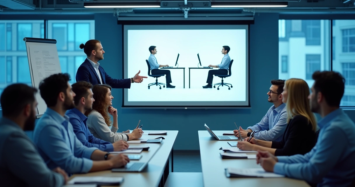 Treinamento corporativo de ergonomia com equipe acompanhando conteúdo em tela 