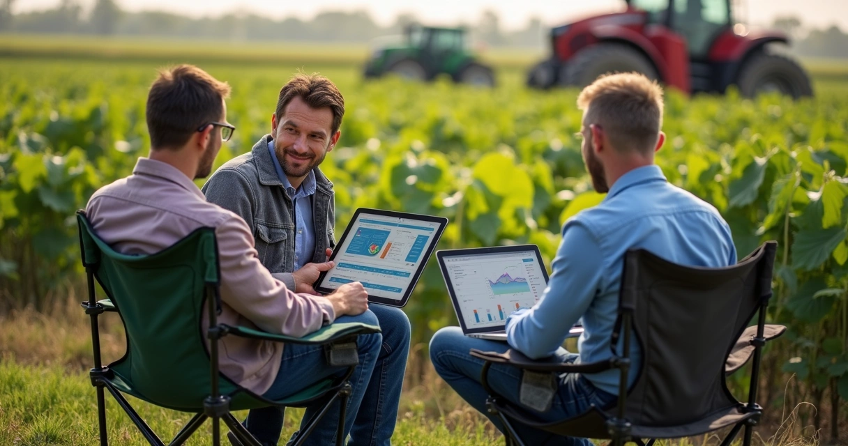 Equipe agrícola discutindo ERP com dispositivos digitais em campo 