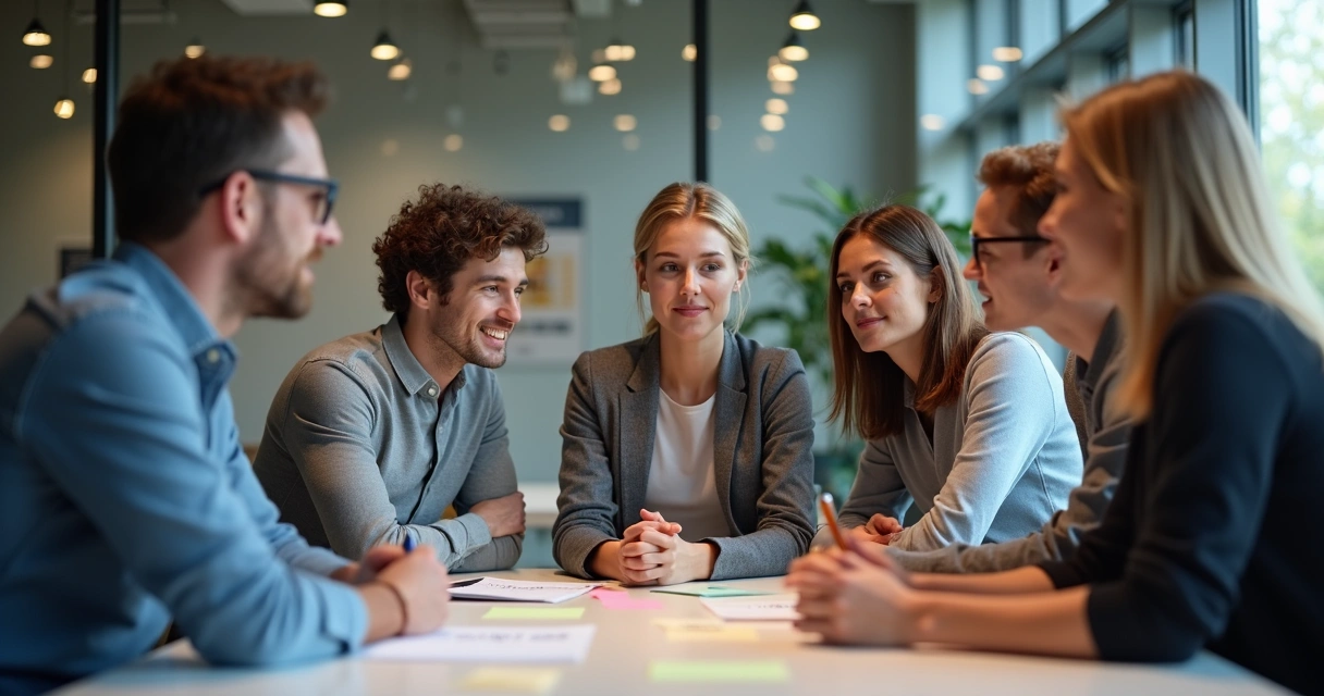 Participantes em dinâmica de grupo observando e ouvindo colega falar 