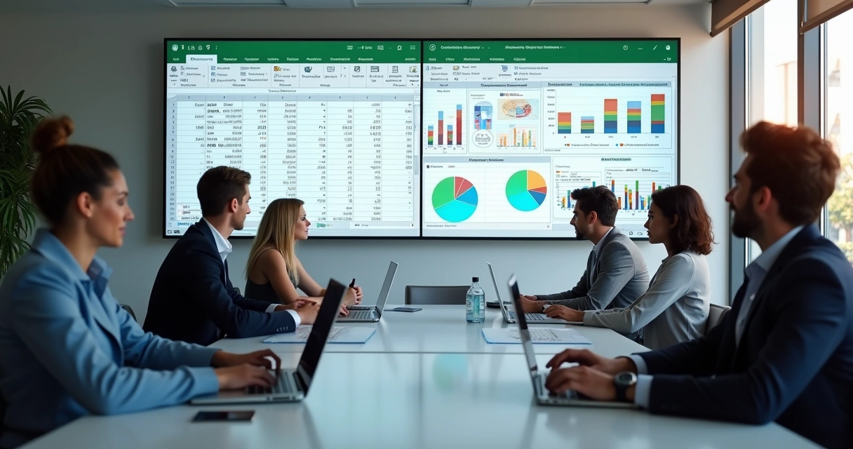 Profissionais em sala moderna assistindo aula prática de Excel com gráficos e tabelas dinâmicas projetados 