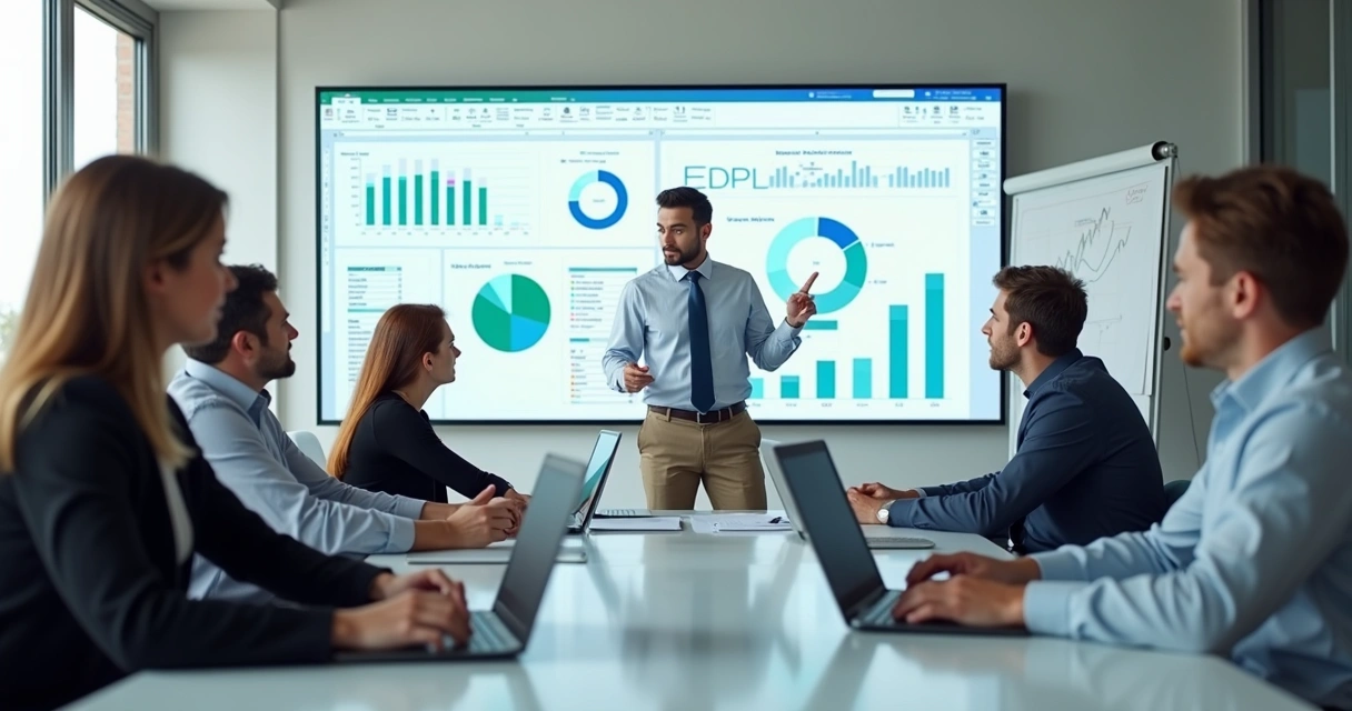 Equipe de profissionais em treinamento de Excel com laptops em mesa de reunião clara, gráficos e planilhas na tela, ambiente corporativo moderno e iluminado 