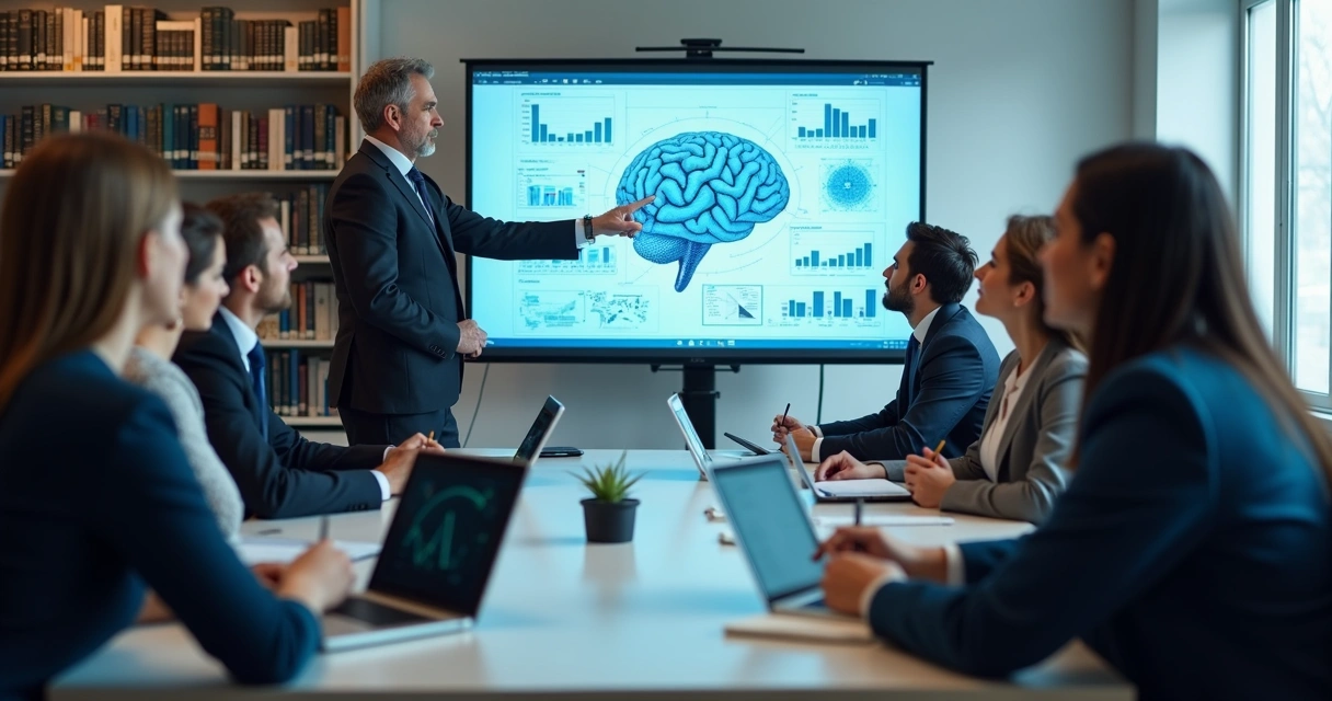 Executivos em treinamento de IA com instrutor em sala moderna 