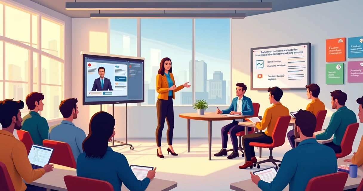 A training session in a modern room with employees practicing customer service simulations.