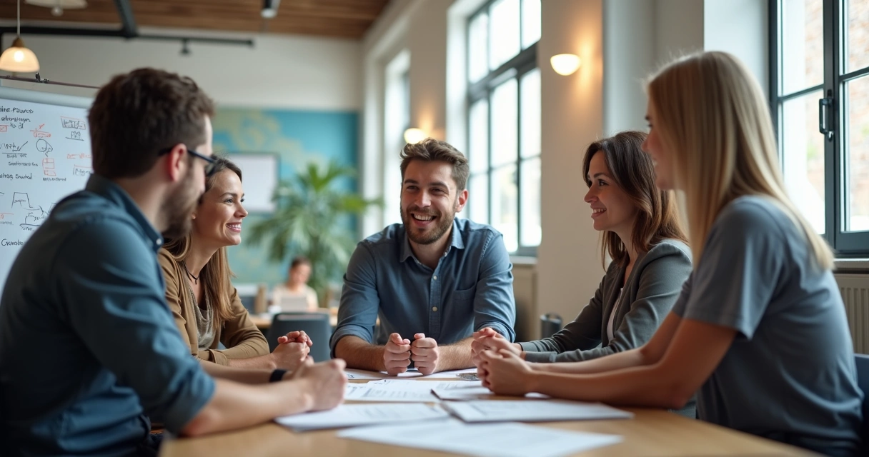 Equipe de pequena empresa reunida recebendo treinamento financeiro em ambiente informal 