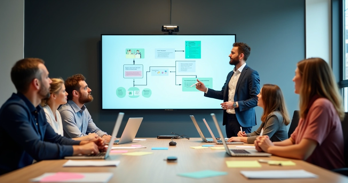 Treinamento presencial em agência de marketing com apresentação em tela 