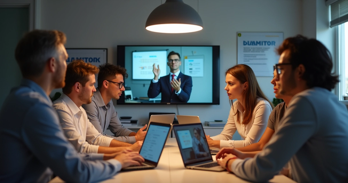 Equipe de uma franquia pequena participando de treinamento online pelo computador 