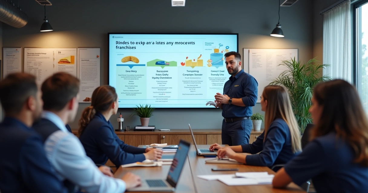 Equipe de funcionários sendo treinada em ambiente de franquia
