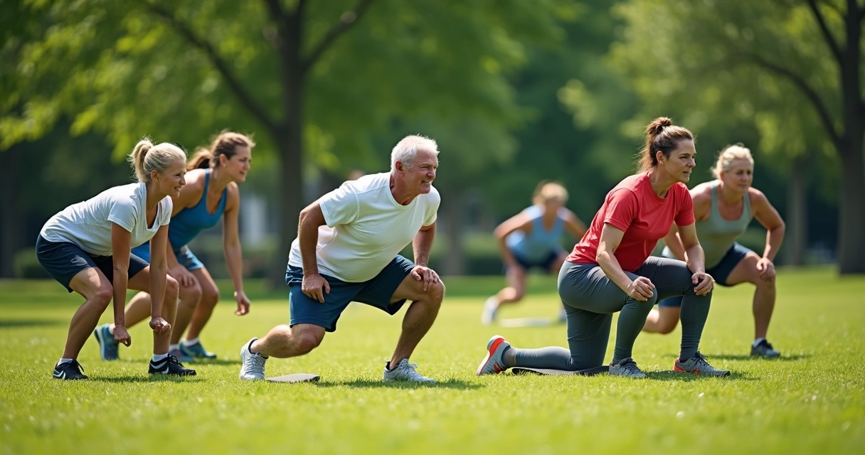 Grupo fazendo treino funcional em parque 