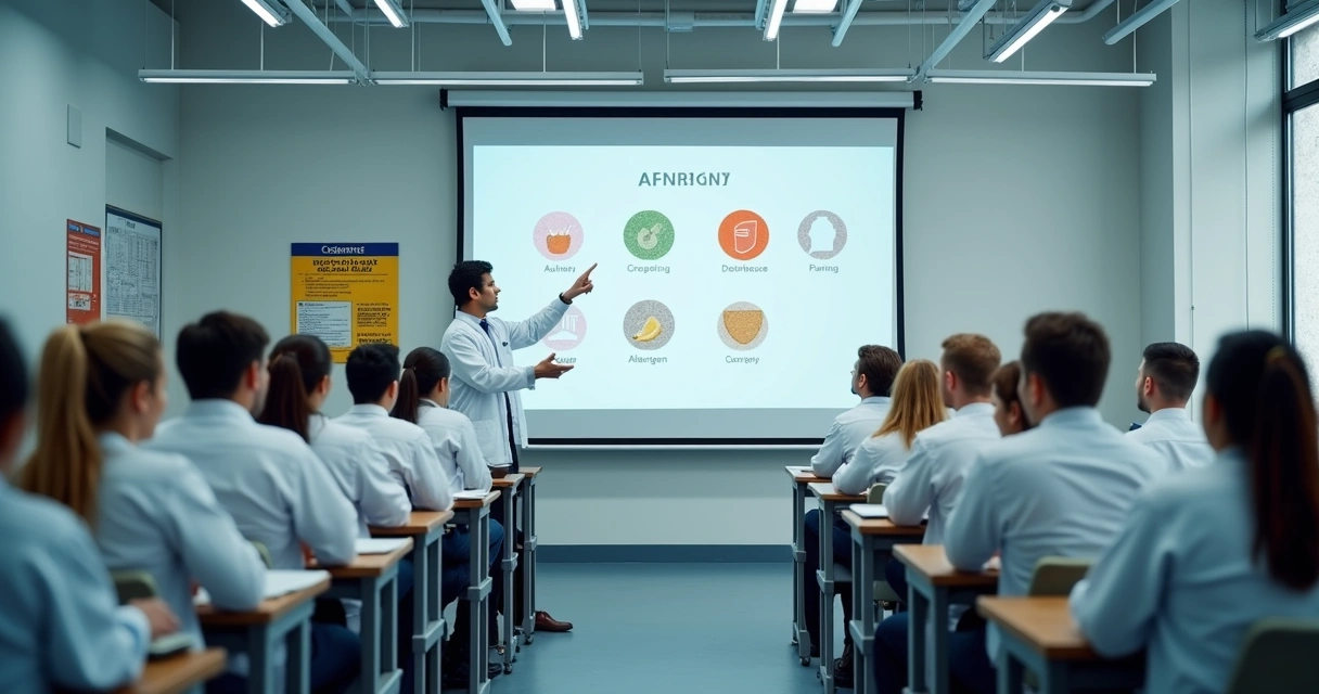 Grupo de colaboradores em sala de treinamento sobre controle de alergênicos 