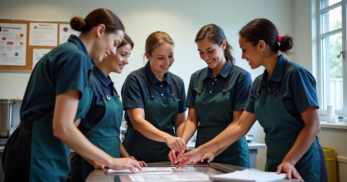Equipe da cantina escolar faz treinamento juntos em ambiente organizado 