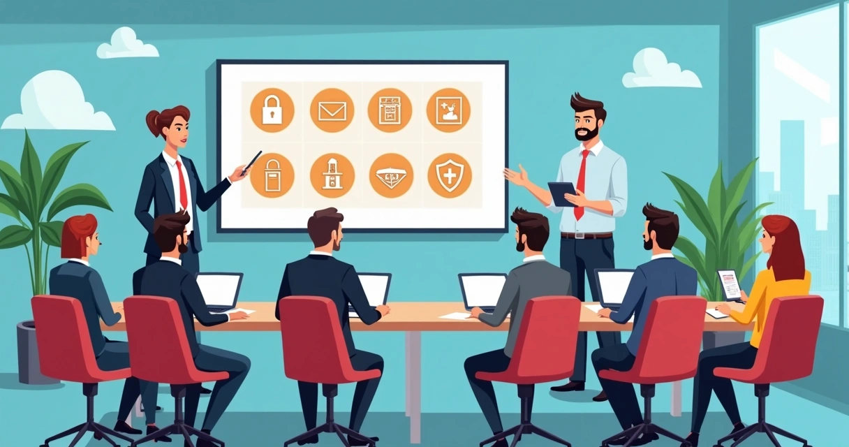 Funcionários de condomínio assistindo a um treinamento de segurança digital em uma sala de reunião 