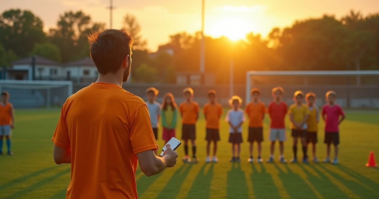 Treinador orienta grupo de crianças em campo de futebol ao entardecer